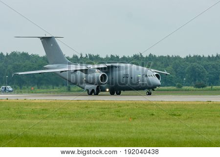 BERLIN GERMANY - JUNE 01 2016: Preparing for takeoff military transport aircraft Antonov An-178. Exhibition ILA Berlin Air Show 2016