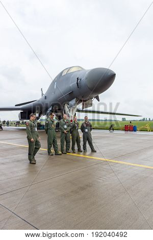 BERLIN GERMANY - JUNE 01 2016: A four-engine supersonic variable-sweep wing jet-powered heavy strategic bomber Rockwell B-1B Lancer. US Air Force. Exhibition ILA Berlin Air Show 2016