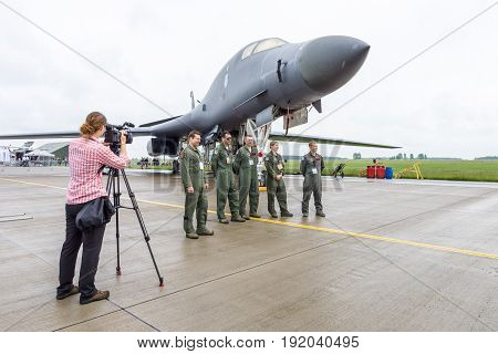 BERLIN GERMANY - JUNE 01 2016: A four-engine supersonic variable-sweep wing jet-powered heavy strategic bomber Rockwell B-1B Lancer. US Air Force. Exhibition ILA Berlin Air Show 2016