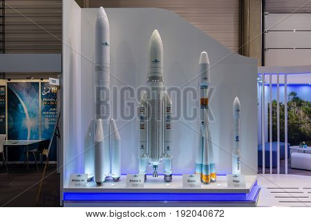 BERLIN GERMANY - JUNE 01 2016: The stand of the European Space Agency. Models launch vehicles Ariane and Soyuz. Exhibition ILA Berlin Air Show 2016