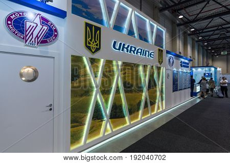BERLIN GERMANY - JUNE 01 2016: Exhibition area with companies from Ukraine. Exhibition ILA Berlin Air Show 2016
