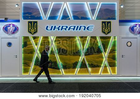 BERLIN GERMANY - JUNE 01 2016: Exhibition area with companies from Ukraine. Exhibition ILA Berlin Air Show 2016