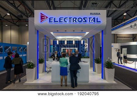 BERLIN GERMANY - JUNE 01 2016: The stand of company Electrostal (Russia). Aerospace and defence supplier. Exhibition ILA Berlin Air Show 2016