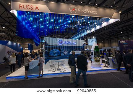 BERLIN GERMANY - JUNE 01 2016: The stand of State Space Corporation - Roscosmos (Russia). Exhibition ILA Berlin Air Show 2016.