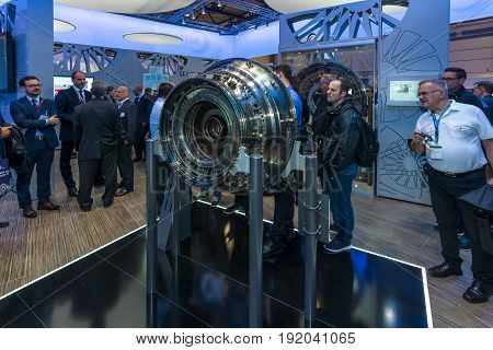 BERLIN GERMANY - JUNE 01 2016: The stand of MTU Aero Engines AG is a German aircraft engine manufacturer. Exhibition ILA Berlin Air Show 2016.
