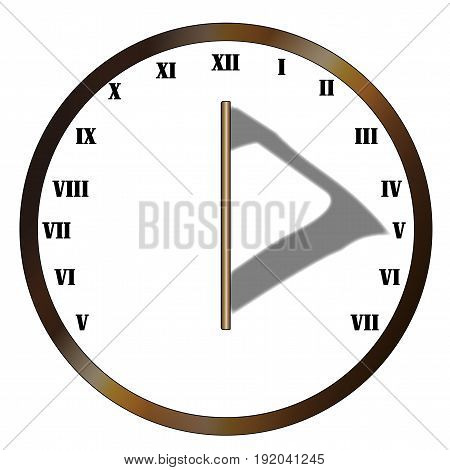 A typical old fashioned sun dial clock face over a white background
