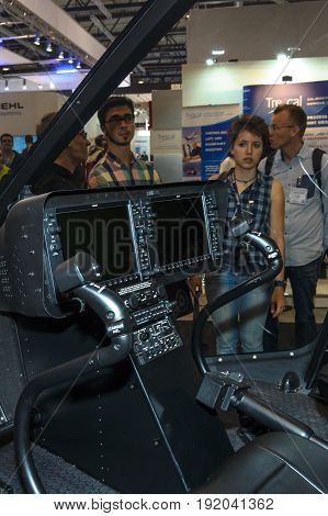 BERLIN GERMANY - JUNE 01 2016: Cockpit of light helicopter Bell 505 Jet Ranger X. Exhibition ILA Berlin Air Show 2016.