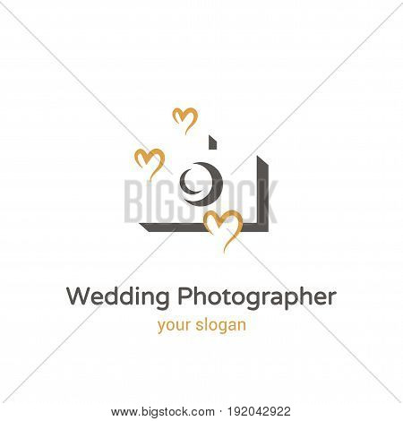 Vector logo template for family photographer. Illustration of grey camera with three yellow hearts.