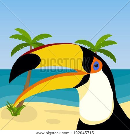Toucan on the background of the ocean and palm trees. Toucan head. Flat design vector illustration vector.