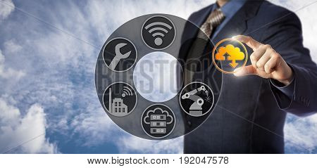 Blue chip service engineer is enabling cloud manufacturing via a virtual control interface. Concept for Manufacturing as a Service or MaaS technical integration and shared virtualized resources.