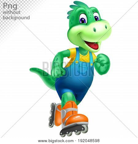 Green dinosaur in orange rollerskates, png without background