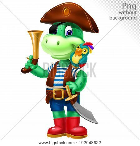 Green dinosaur in pirate costume, png without background