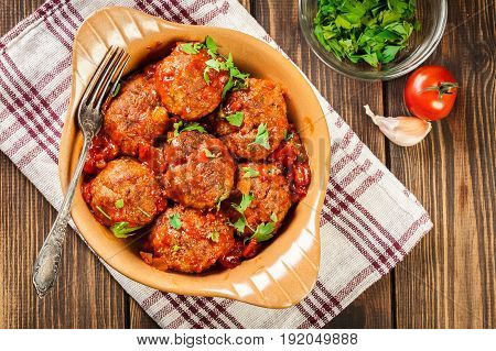 Pork Meatballs With Spicy Tomato Sauce In Dish