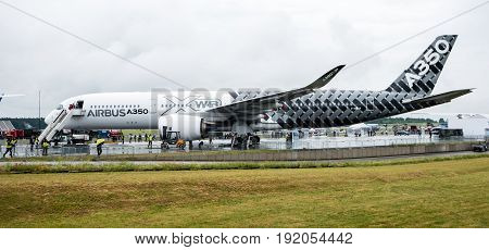 BERLIN GERMANY - JUNE 01 2016: The newest Airbus A350 XWB at the airfield. Exhibition ILA Berlin Air Show 2016