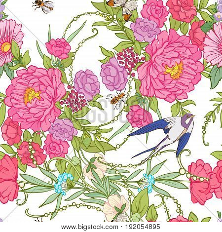 Floral seamless pattern with butterflies and bees and birds in realistic botanical style.  Stock line vector illustration. On white background.