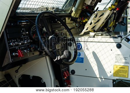 BERLIN GERMANY - JUNE 02 2016: The driver's cab of the launching missile station IRIS-T SLS with command and fire-control system of the company Diehl Defence. Exhibition ILA Berlin Air Show 2016