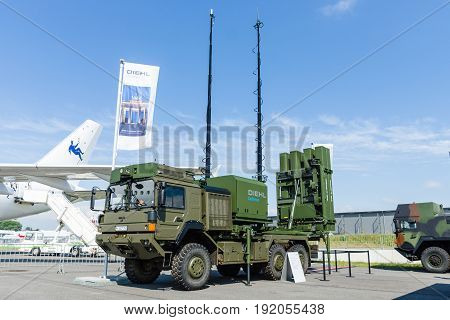 BERLIN GERMANY - JUNE 02 2016: Launching station IRIS-T SL on the basis of vehicle MAN SX44. Diehl Defence. Exhibition ILA Berlin Air Show 2016