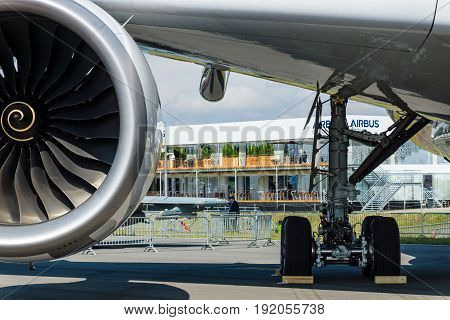 BERLIN GERMANY - JUNE 01 2016: Turbofan engine of the newest airplane Airbus A350-900 XWB. Exhibition ILA Berlin Air Show 2016