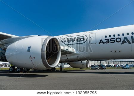 BERLIN GERMANY - JUNE 01 2016: Turbofan engine of the newest airplane Airbus A350-900 XWB. Exhibition ILA Berlin Air Show 2016
