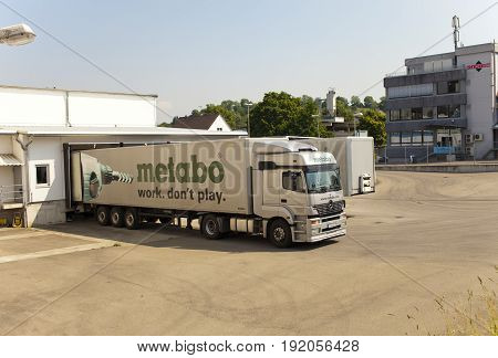 GERMANY - May 30 2012: The cargo truck unloads at Metabo plant