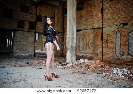 Brunette Plus Size Sexy Woman, Wear At Black Leather Jacket, Lace Panties, Bra And High Heels At Aba