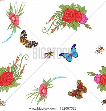 Floral seamless pattern with butterflies and bees in realistic botanical style.  Stock line vector illustration. On white background.
