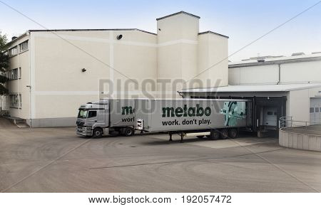 GERMANY - May 30 2012: The cargo truck unloads at Metabo plant