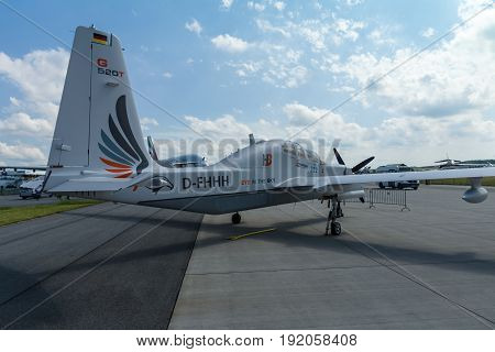 BERLIN GERMANY - JUNE 02 2016: High altitude and reconnaissance aircraft Grob G520 T. Rear view. Exhibition ILA Berlin Air Show 2016