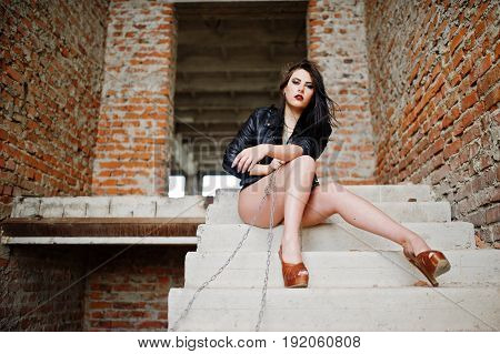 Brunette Plus Size Sexy Woman, Wear At Black Leather Jacket, Lace Panties, Bra And High Heels With C