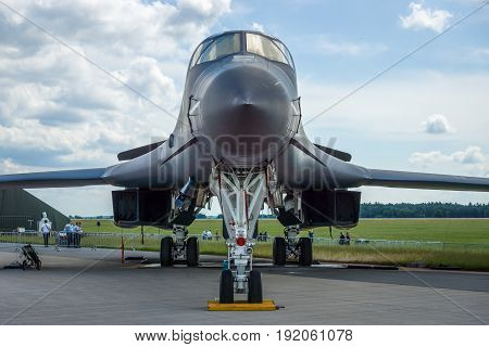 BERLIN GERMANY - JUNE 02 2016: A four-engine supersonic variable-sweep wing jet-powered heavy strategic bomber Rockwell B-1B Lancer. US Air Force. Exhibition ILA Berlin Air Show 2016