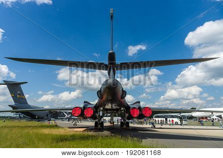 BERLIN GERMANY - JUNE 02 2016: A four-engine supersonic variable-sweep wing jet-powered heavy strategic bomber Rockwell B-1B Lancer. US Air Force. Rear view. Exhibition ILA Berlin Air Show 2016