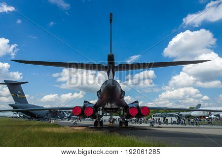 BERLIN GERMANY - JUNE 02 2016: A four-engine supersonic variable-sweep wing jet-powered heavy strategic bomber Rockwell B-1B Lancer. US Air Force. Rear view. Exhibition ILA Berlin Air Show 2016