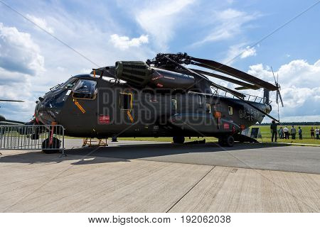 BERLIN GERMANY - JUNE 02 2016: Heavy-lift cargo helicopter Sikorsky CH-53 Sea Stallion. German Army (Bundeswehr). Exhibition ILA Berlin Air Show 2016