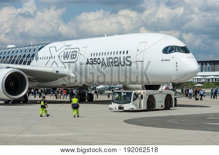 BERLIN GERMANY - JUNE 02 2016: The newest Airbus A350 XWB at the airfield. Exhibition ILA Berlin Air Show 2016