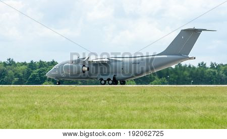 BERLIN GERMANY - JUNE 02 2016: Takeoff a military transport aircraft Antonov An-178. Exhibition ILA Berlin Air Show 2016