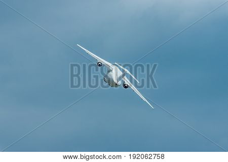 BERLIN GERMANY - JUNE 02 2016: Demonstration flight of military transport aircraft Antonov An-178. Exhibition ILA Berlin Air Show 2016