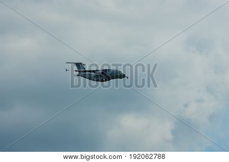 BERLIN GERMANY - JUNE 02 2016: Demonstration flight of military transport aircraft Antonov An-178. Exhibition ILA Berlin Air Show 2016