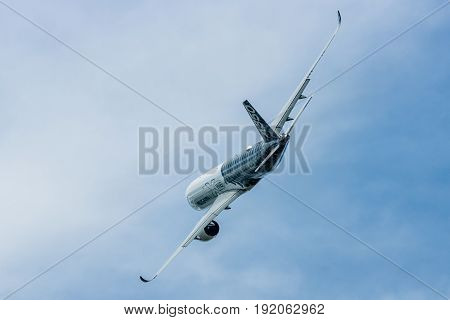 BERLIN GERMANY - JUNE 02 2016: Demonstration flight Airbus A350 XWB. Exhibition ILA Berlin Air Show 2016