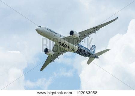 BERLIN GERMANY - JUNE 02 2016: Demonstration flight Airbus A350 XWB. Exhibition ILA Berlin Air Show 2016