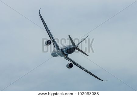 BERLIN GERMANY - JUNE 02 2016: Demonstration flight Airbus A350 XWB. Exhibition ILA Berlin Air Show 2016