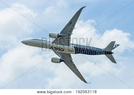 BERLIN GERMANY - JUNE 02 2016: Demonstration flight Airbus A350 XWB. Exhibition ILA Berlin Air Show 2016