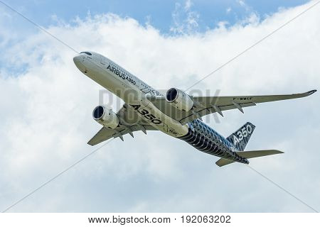 BERLIN GERMANY - JUNE 02 2016: Demonstration flight Airbus A350 XWB. Exhibition ILA Berlin Air Show 2016