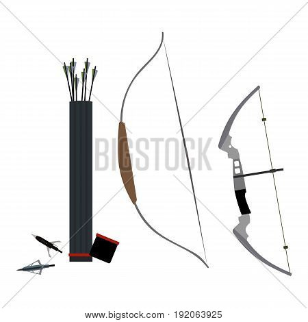 Set of bows, arrowheads, arrow and quiver of arrows. Vector illustration isolated on white background.