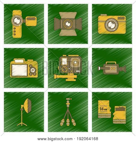 assembly flat shading style icon of multimedia technology camcorder photo camera professional lighting tripod micro SD