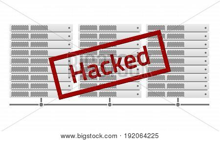Server racks. Red stamp message Hacked. Virus encryptor ransomware. Editable eps10 Vector. White background.