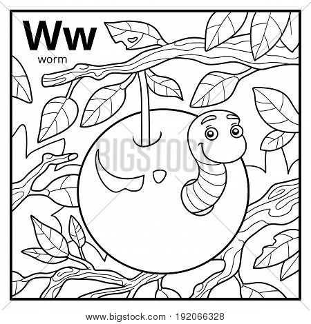 Coloring Book, Colorless Alphabet. Letter W, Worm