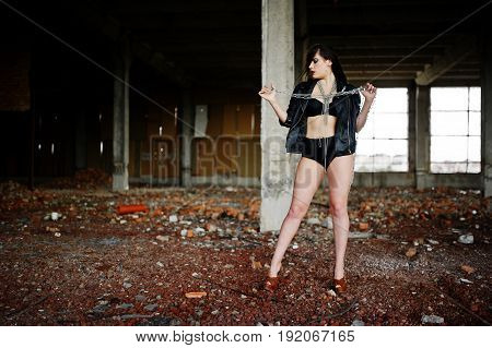 Brunette Plus Size Sexy Woman, Wear At Black Leather Jacket, Lace Panties, Bra And High Heels With C