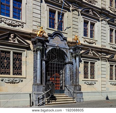 Zurich, Switzerland - 18 June, 2017: entrance to the Rathaus building, closed on Sunday. The Rathaus is Zurich's Town Hall, it was built during 1694-1698, the canton of Zurich owns it since 1803.