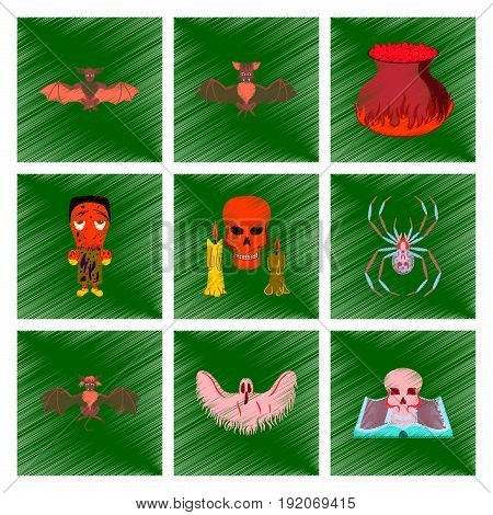 assembly flat shading style icon of book skull ghost bat spider zombie men cauldron