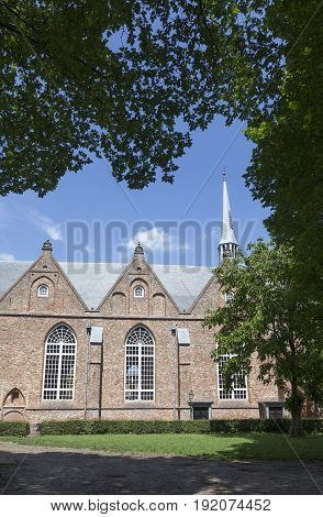 jacobin church and blue sky in centre of leeuwarden in the netherlands on sunny summer day